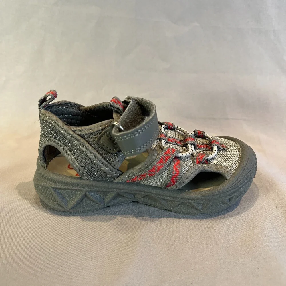 Oshkosh B'Gosh Abe Play Toddler 8 M Strappy Gray Red Textile Closed Toe Sandals